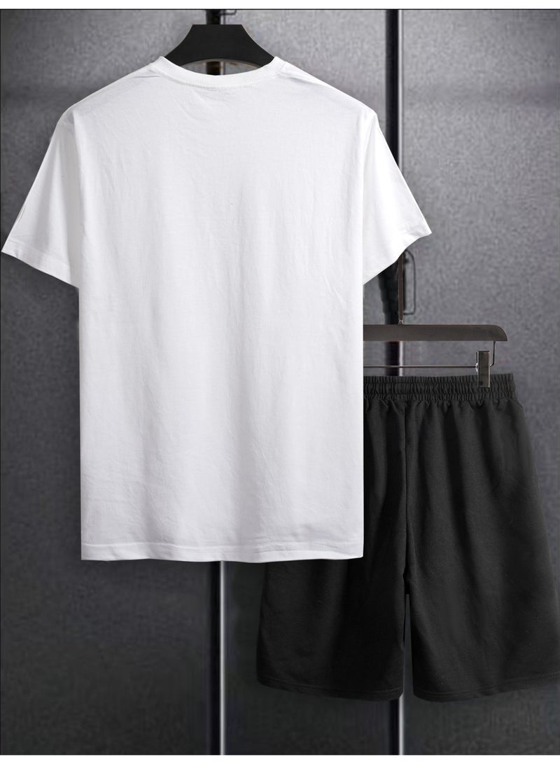 Men's Casual 2-Piece Outfit White T-Shirt and Black Shorts Set California Cityscape Graphic Print Streetwear Co-ord - Image 3